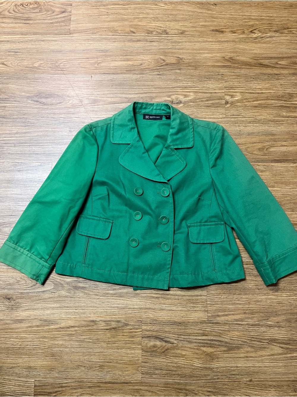 INC International Concepts Vintage Green Cropped Double Breasted Blazer M Petite